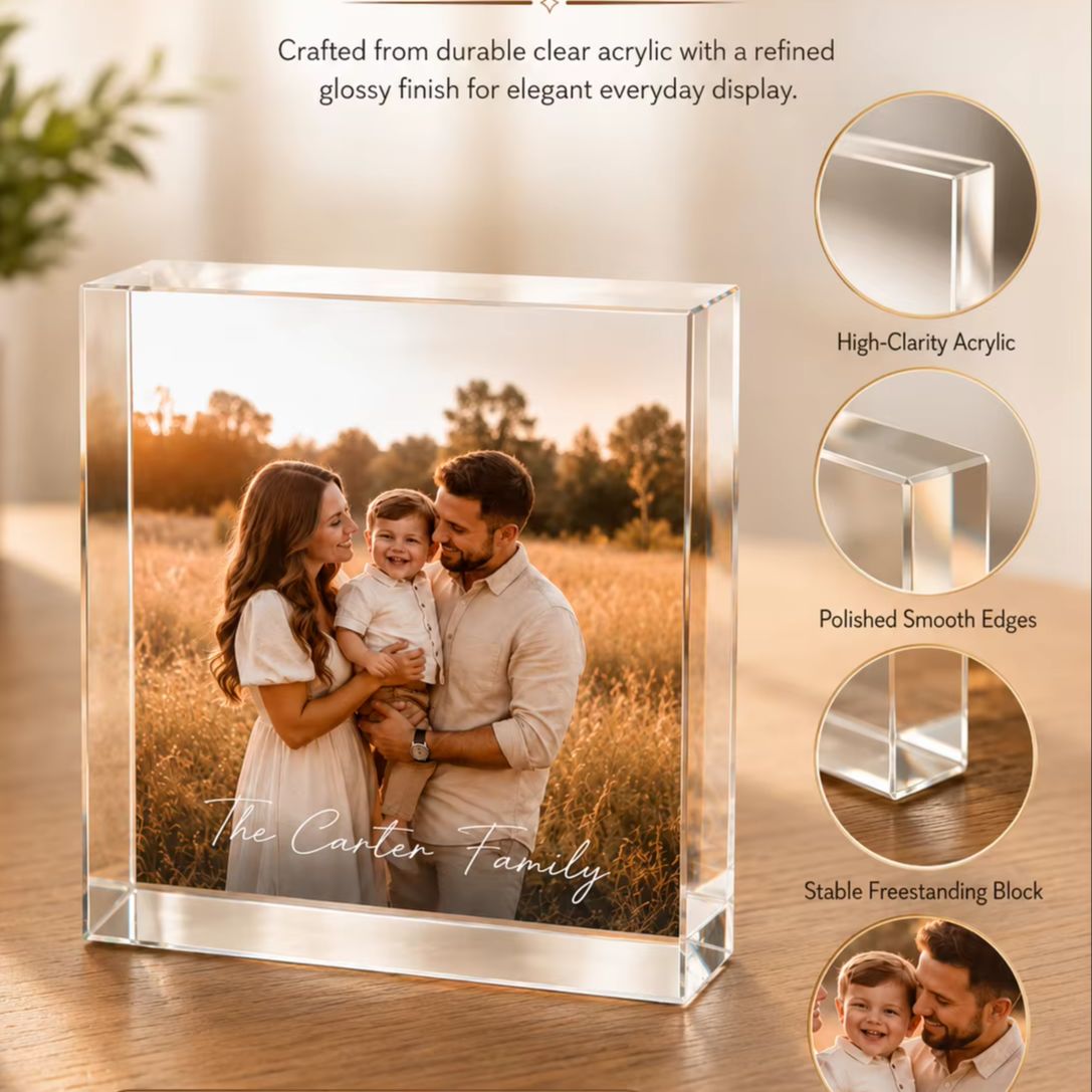 Photo Acrylic Block - Personalisierter Familien-Acryl-Fotoblock, Individueller Bild-Namen-Datums-Rahmen, Hochauflösender Druck,